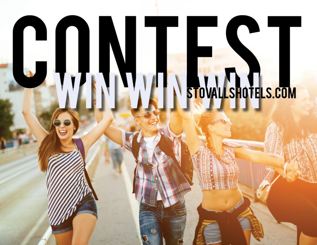 Stovall's Hotels Contest: 4 friends walking down the street looking very happy with the words Contest WIN WIN WIN - STOVALLSHOTELS.com