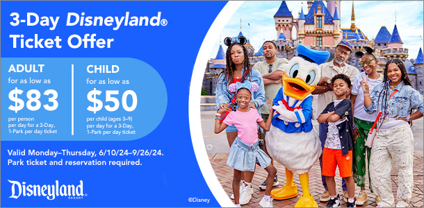 3 Day Disneyland Ticket Offer = Adult for as low as $83 per person per day. Child for as low as $50 per child (ages 3-9) per day.