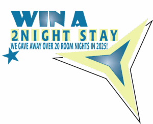 Win a 2 night stay.  We gave away over 20 room nights in 2025.  This graphic links to Facebook
