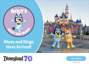 Disneyland Bluey and Bingo graphic. Links to Disney ticket store