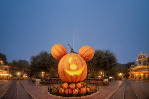 Large Mickey Mouse pumpkin on Main St in Disneyland